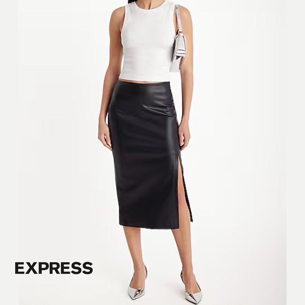 Express Black Faux Leather Midi Skirt